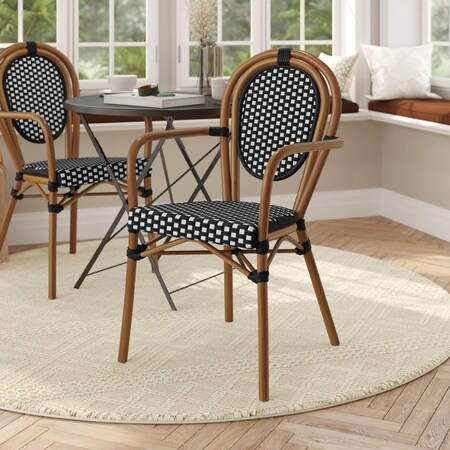 Flash Furniture Lourdes Thonet French Bistro Stacking Chair w/Arms, Blk and Wht PE Rattan and Bamboo Print Alum Frm SDA-AD642002A-BKWH-NAT-GG